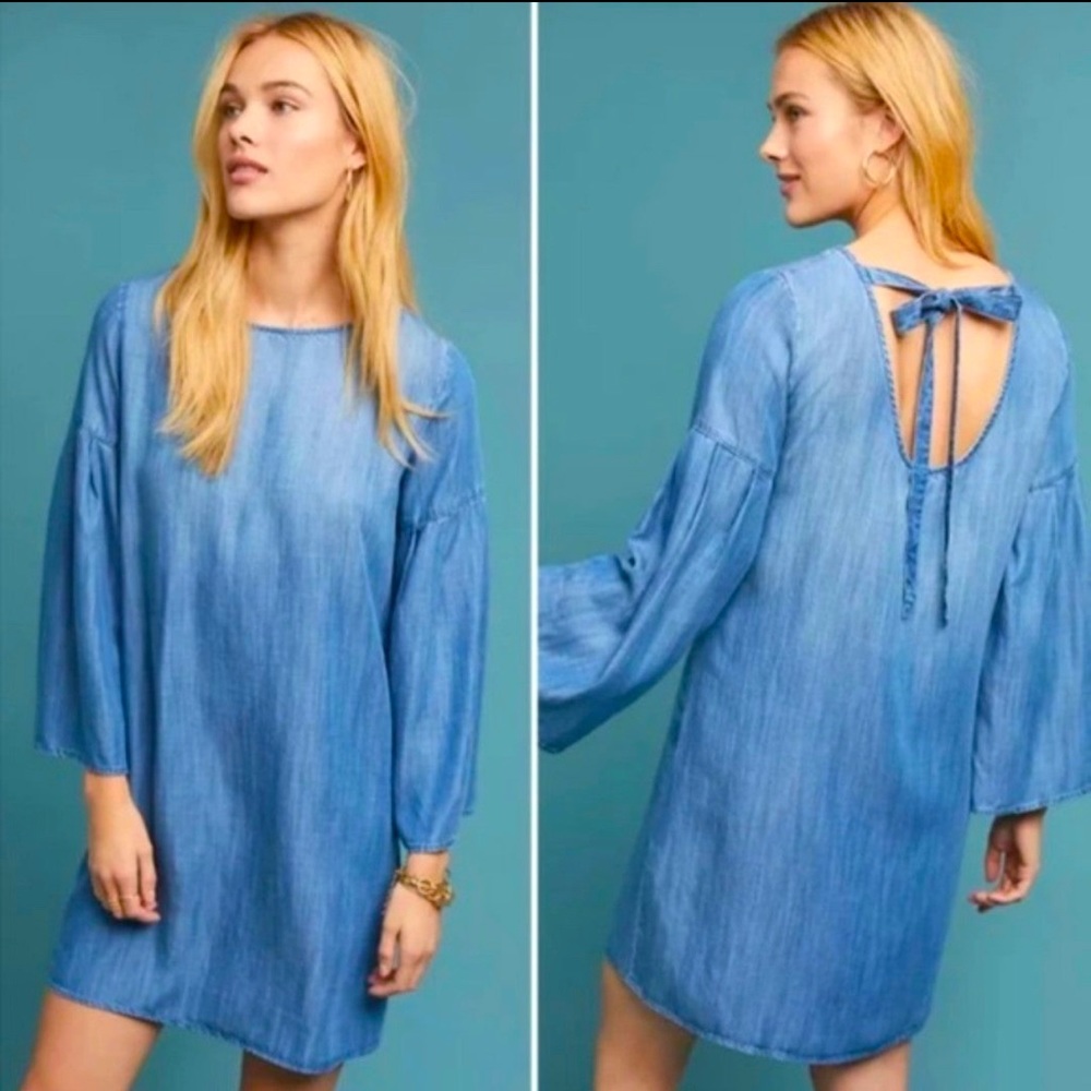 Anthropologie Cloth & Stone Denim Chambray
Back Tie Bell Sleeve Dress Size Large